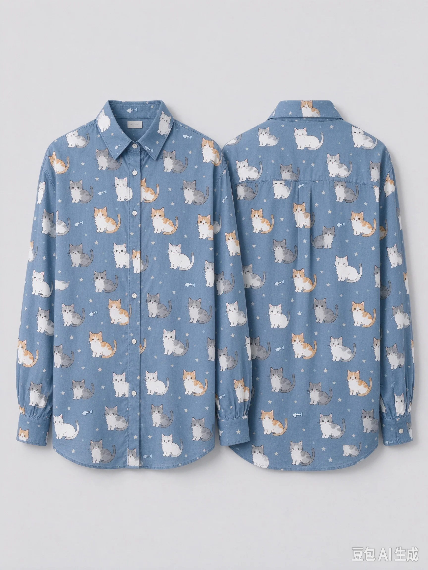 Unisex All Over Cat Kitten Print Long Sleeve Shirt, Loose Button Down Shirt with Front & Back Pattern for Men Women Cute Animal