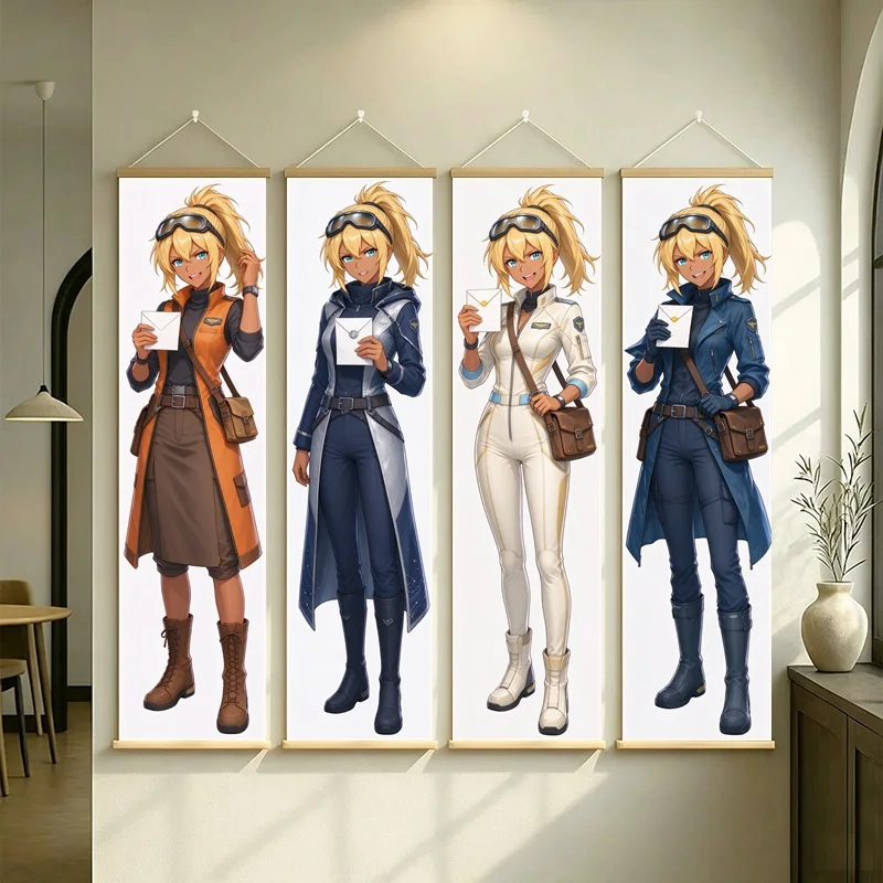 Blonde Anime Girl Wall Scroll with Long Coats Boots and Brown Accessories in Adventure Full Length Illustration for a Bedroom