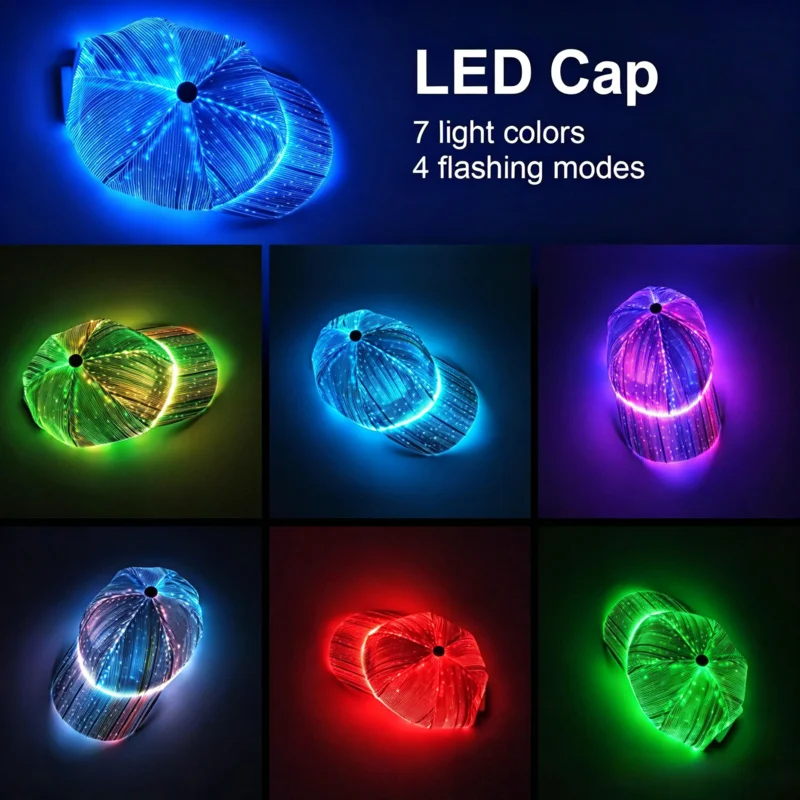 Fiber Optic LED Light Baseball Cap Luminous Headwear 4 Adjustable Flash Modes Rechargeable Illuminated Hat Music Festival