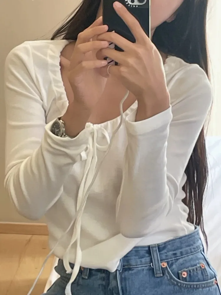 الكورية Sle المرأة سليم صالح ort تي شيرت مع ربطة القوس فيونكة ساحة طوق الرغبة النقية Sle الخريف Faion السيدات بلايز #2