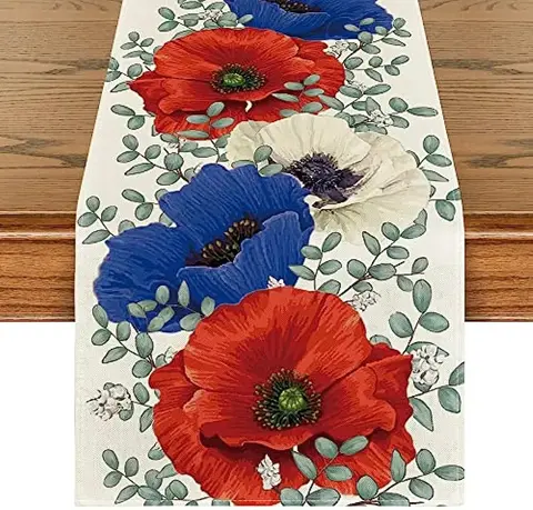 4th of July Patriotic Linen Table Runners Dresser Scarves Poppy Eucalyptus Table Runners Independence Day Holiday Table Decor