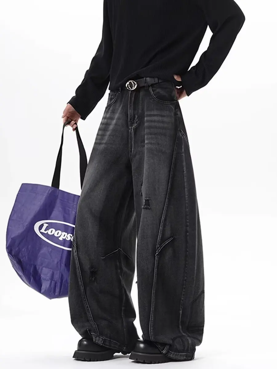 المرأة السوداء القوطية فضفاض ايمو Y2k ممزق الجينز الجرونج جان السراويل خمر Harajuku كبيرة الحجم سراويل جينز الملابس البديلة #4