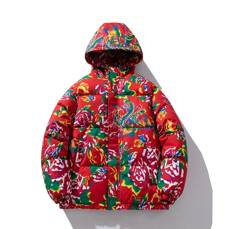 

Man Luxury China Streetwear Brand Cotton-Padded Jacket Peony Print Hooded Concealed Zipper Warm Chinese Elements Jacket MensTops