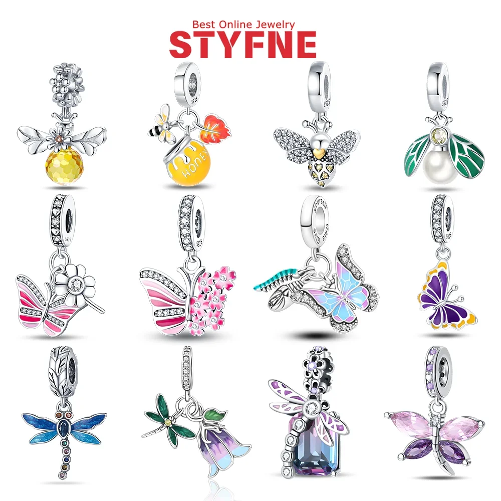 

925 Sterling Silver Colorful Zircon Butterfly Dragonfly Bee Charms Pendants Fit Original Bracelets Necklaces DIY Jewelry