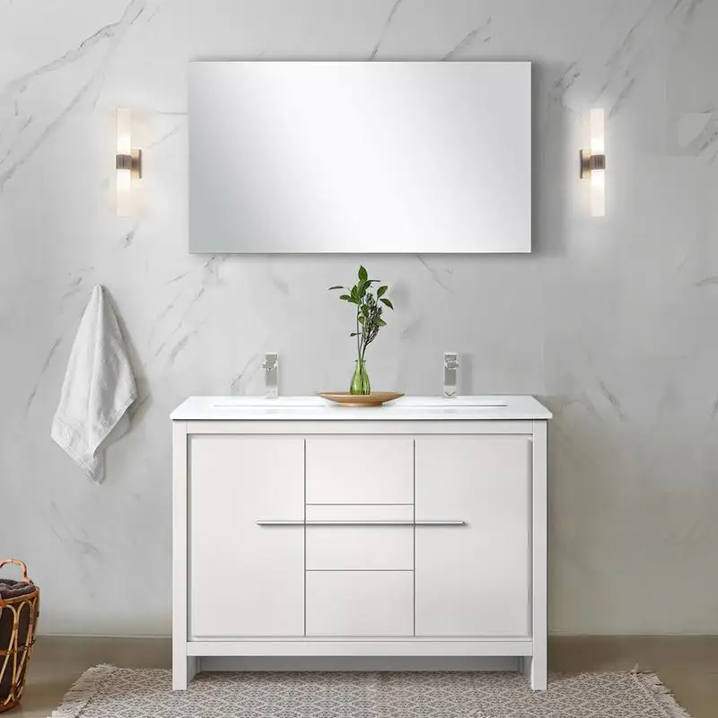 

48" White Double Bath Vanity with 20" Depth, White Quartz Top & 43" Mirror