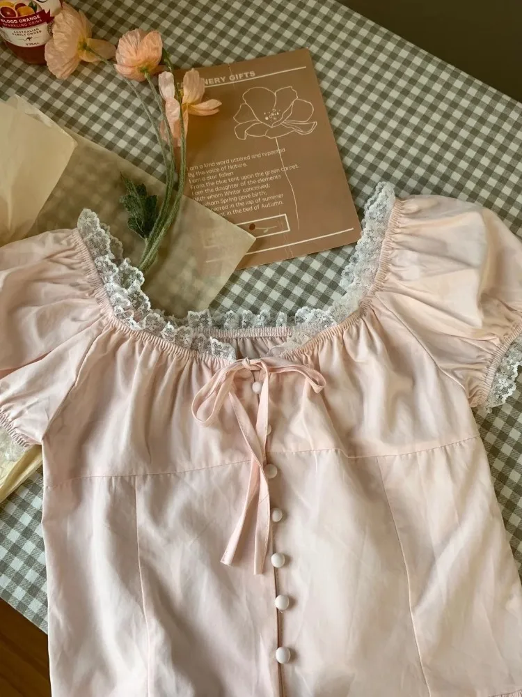 Sweet Lace Patchwork Bow Pink T-shirt for Women 2024 Summer New Tops Mujer Y2k Grunge Slim Fit Puff Sleeve Blusas