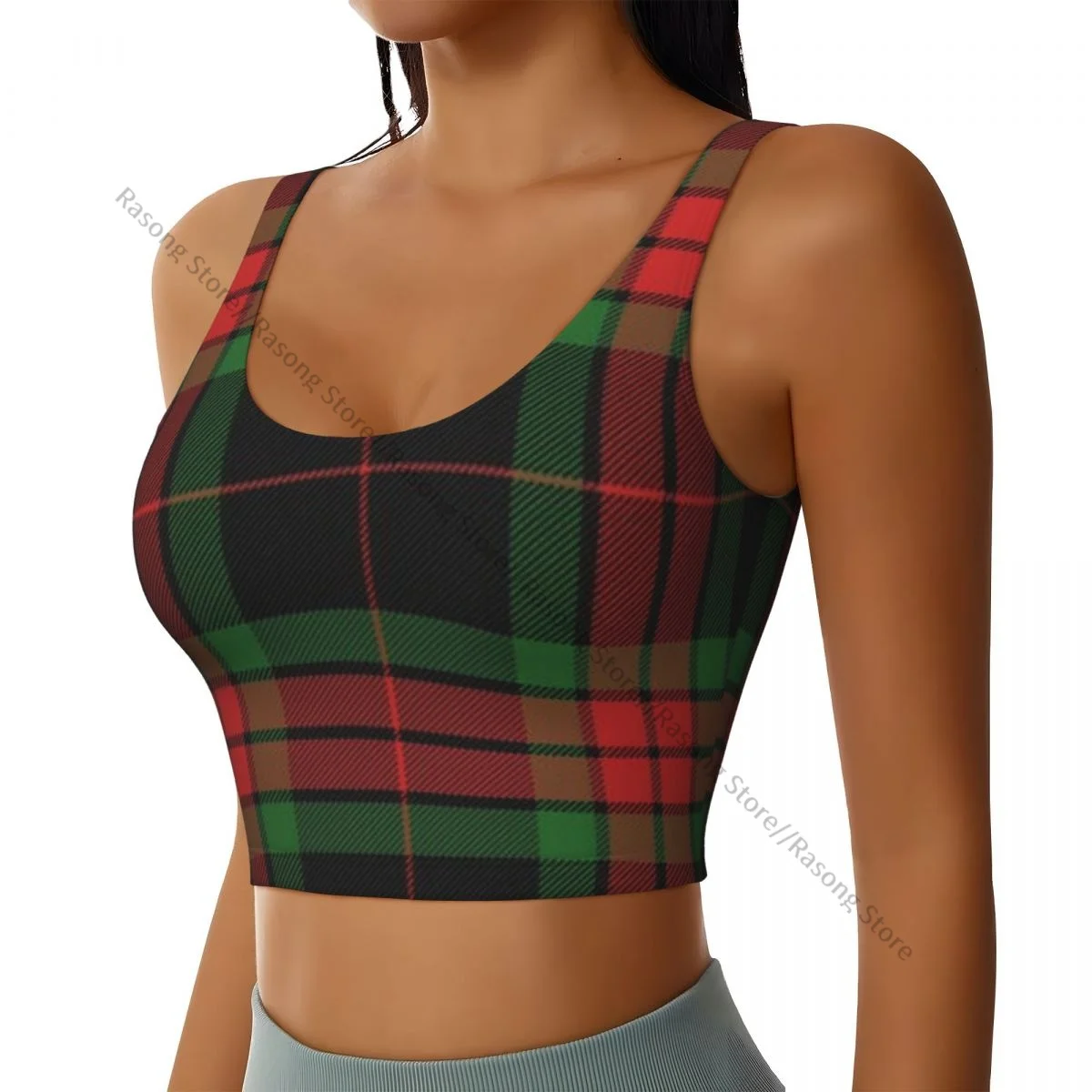 Yoga Vest Women Gym Sports Crop Tops Christmas Plaid Scottish Pattern Streetwear Workout Breathable Tank Top Female