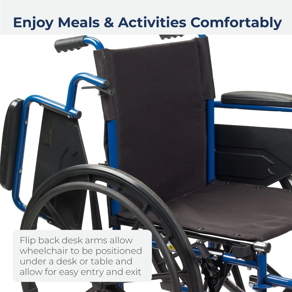 Cadeira de rodas com braços de mesa com encosto giratório, apoio para pernas elevadas, assento de 16 polegadas