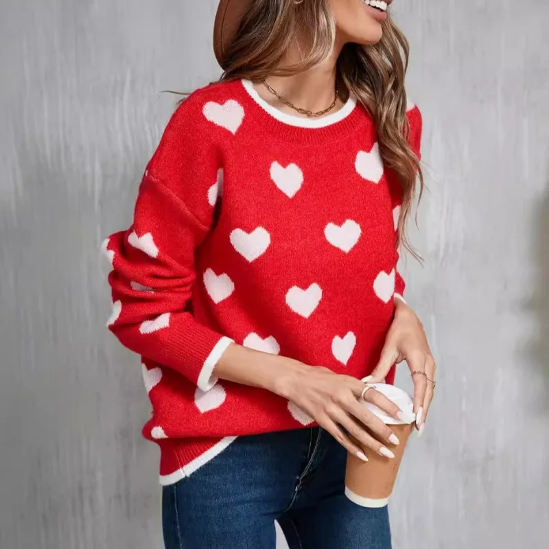 Casual Love Sweter z dzianiny Bluza z kapturem na zimę Sweter damski 2024 Nowy Luźny sweter z długim rękawem Love Woman Tops