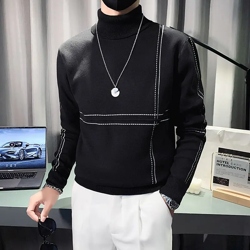 

Turtleneck Casual Pullovers Men's Clothing Slim Knitted Autumn Winter Basic Solid Color Fashion Bright Line Decoration Sweaters