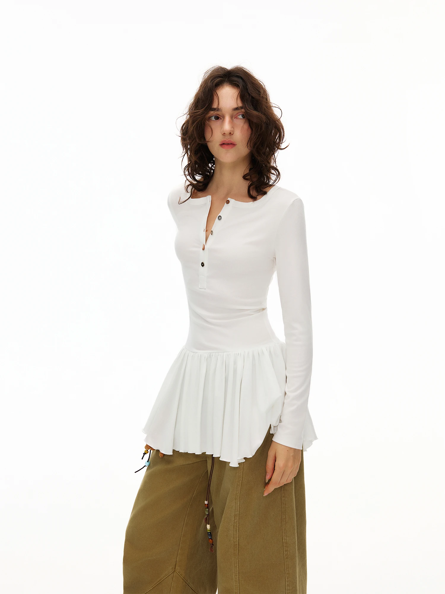 

Outthe Blue 'Flowing White' New Sle Asymmetric Slim Fit Long Sve Henry Collar Base T-irt Top for Women Casual Wear