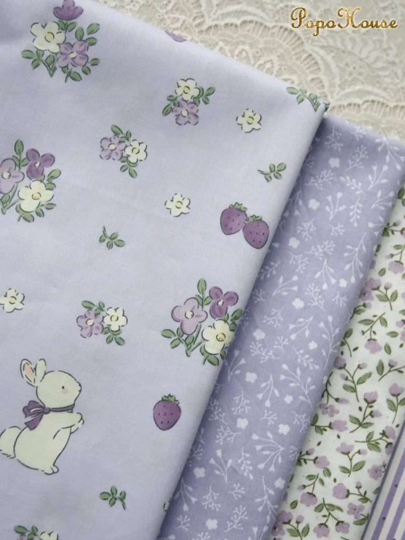 160x50cm purple Lilac Bunny Floral Striped Twill Cotton Cloth Dress Clothing Fabric Handmade Diy