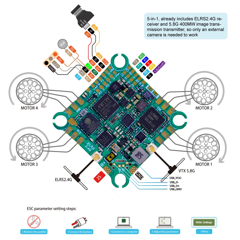 YSIDO AT32F435 mini 5 in1 AIO 32Bit ESC ExpressLRS ELRS 2.4G i 5.8G 400mW VTX 25.5*25.5 do FPV Tinywhoop wykałaczka drony