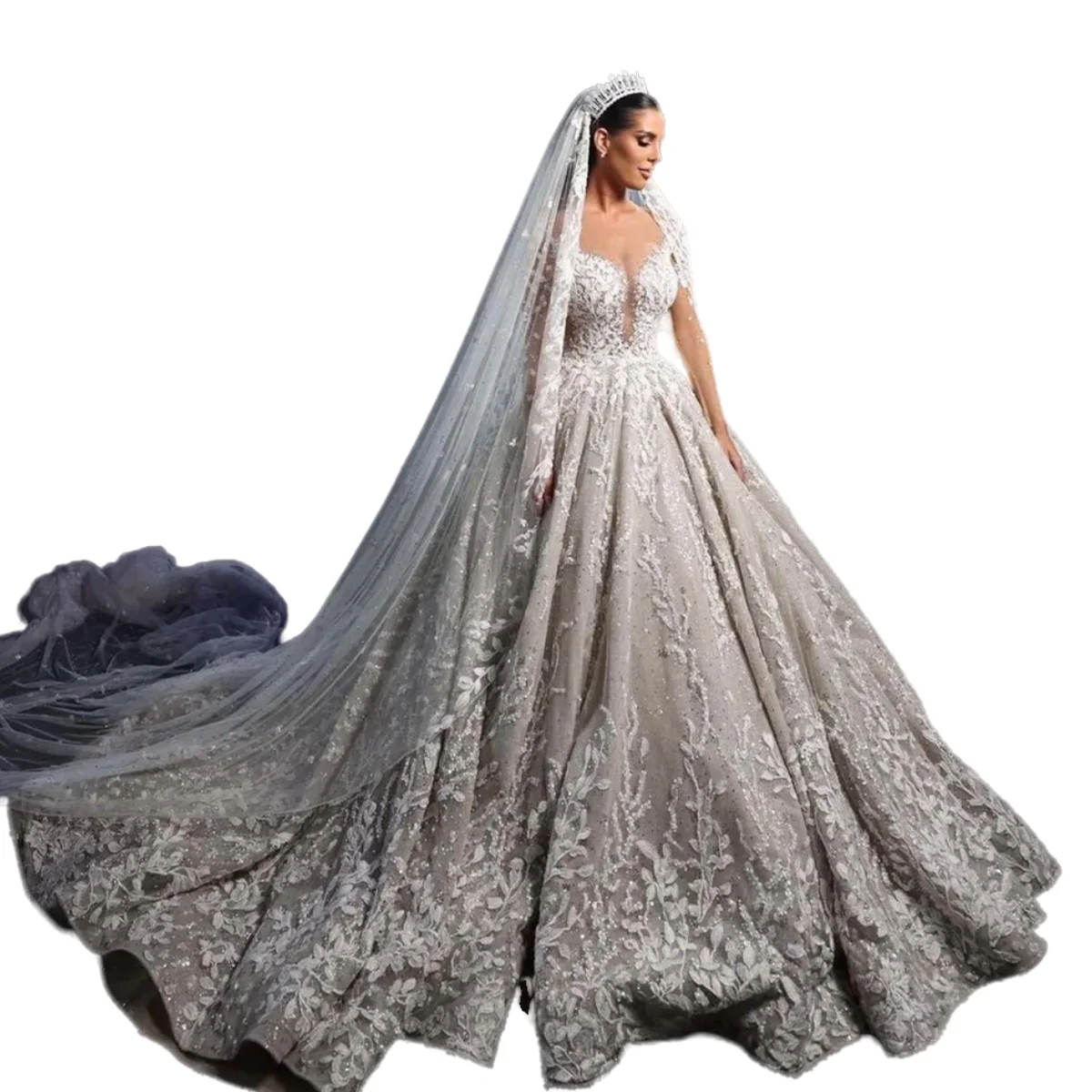 Abito da sposa con applicazioni di perline squisite con abito da ballo pesante con maniche lunghe a illusione per la sposa Robe De Mariee su misura