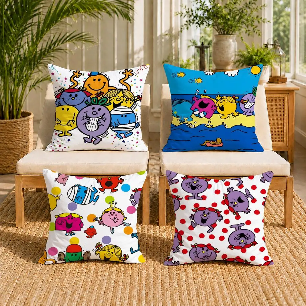Mr. Men and L-Little Miss Cushion Cover Soft Short Plush Double-Sided Printing Home Decor Machine Washable Pillow Case Gift