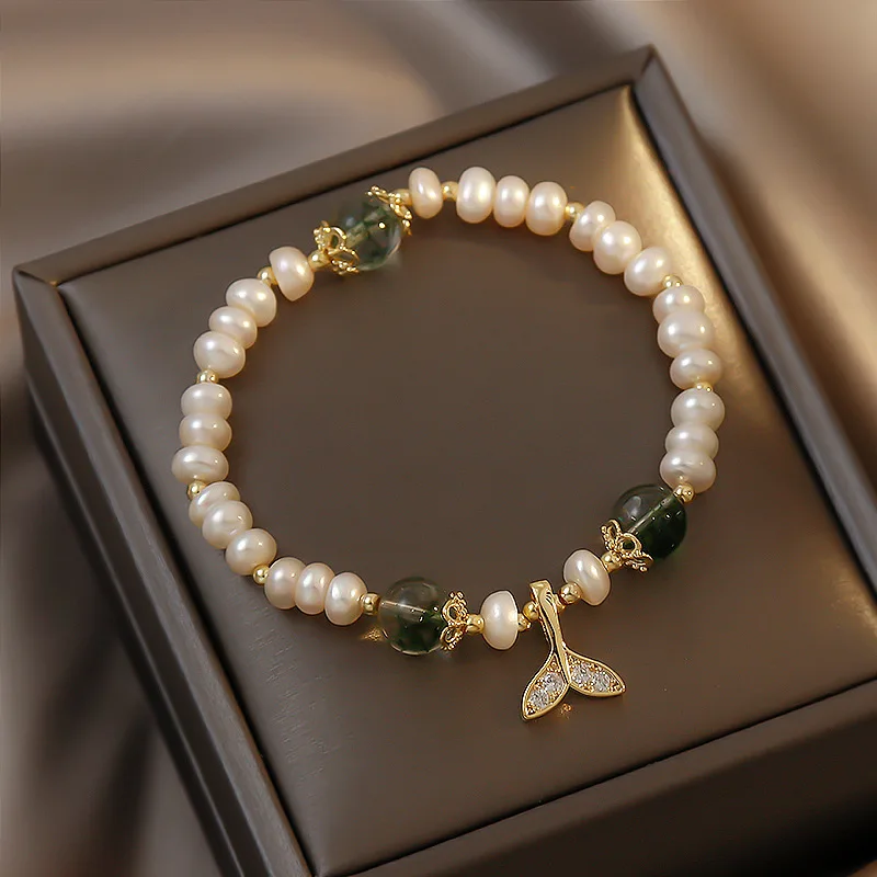 

New Arrival Elegant Fish Tail Natural Freshwater Pearl & Crystal 14K Gold Filled Female Charm Bracelet Jewelry For Women Gifts