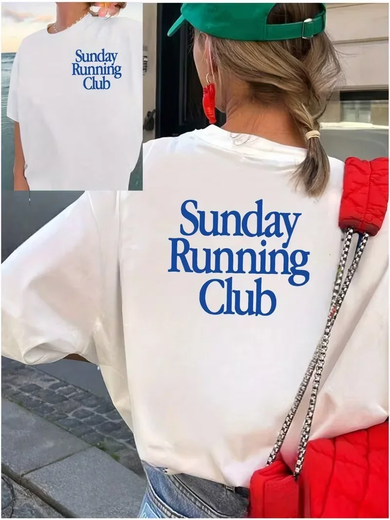 Women's T Shirt Sunday Running Club Graphic Double Sided Print Short Sleeve Tops Casual Loose Outdoor Sports Y2K Chic Wear