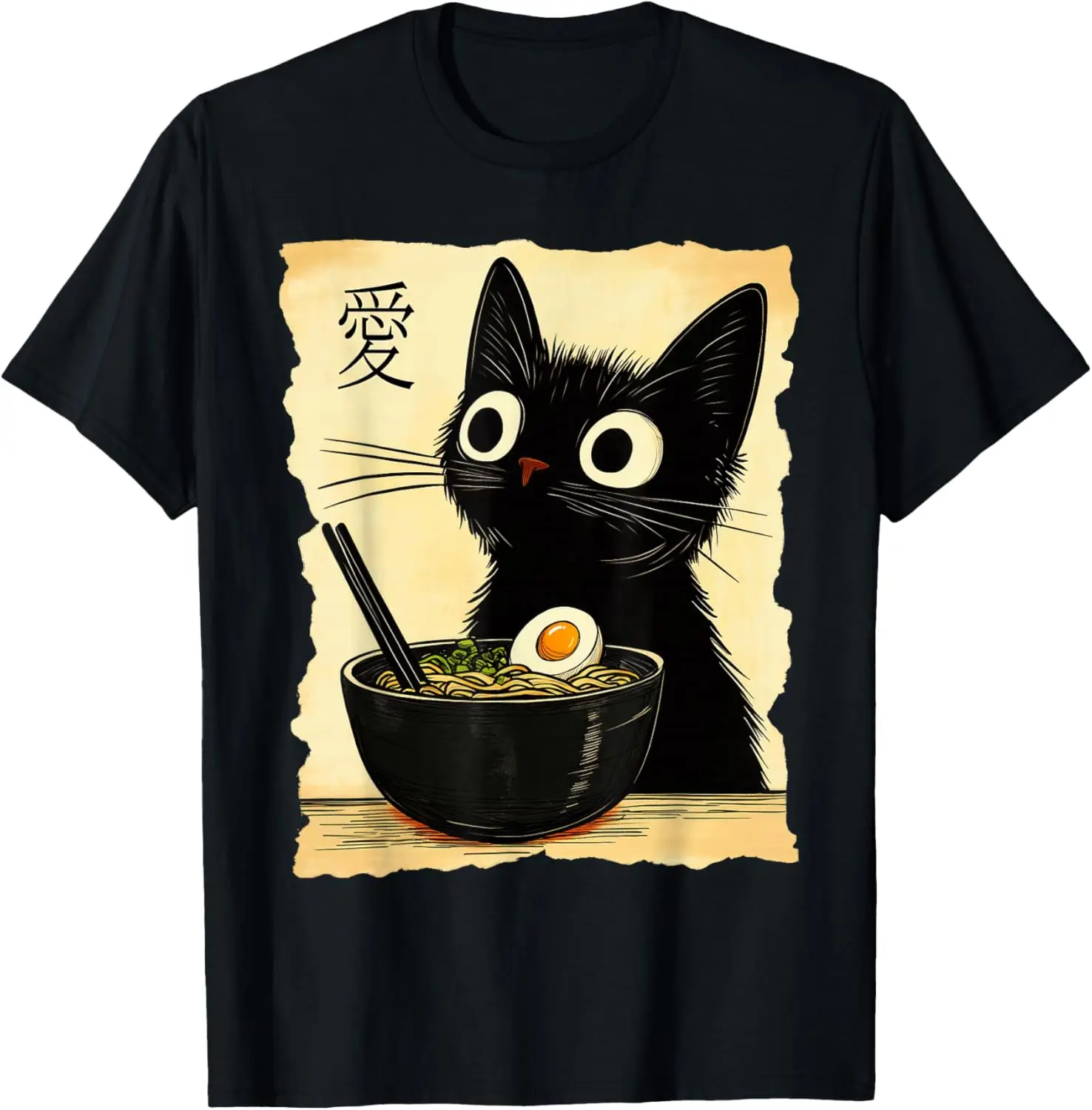 

Black Cat Ramen Japanese Kanji Love Graphic Tee Cute Kawaii Anime Style T-Shirt