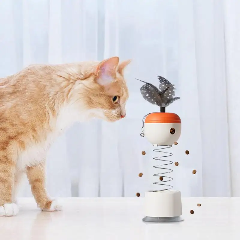 Cat Feeder Toy Safe Spring-Loaded Cat Treat Feeder Feather Toy With Bell Stable Suction Cup Pet Slow Feeder Puzzle Ball Cat