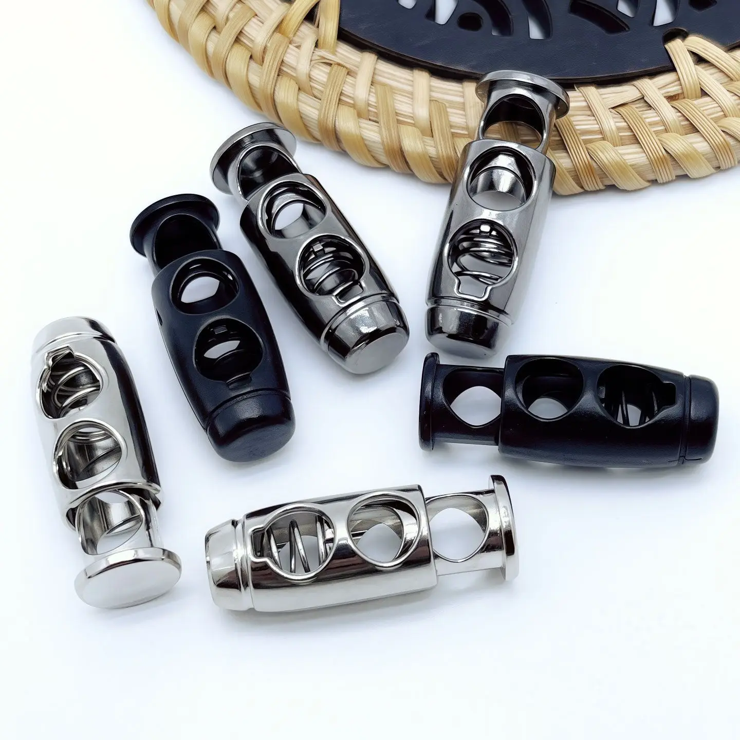 Metall-Doppelloch-Federschnalle, elastische Seilschnalle, Zubehör für elastische Bänder, Verstellglocke, Zugseil, Spannschnalle, Knopf