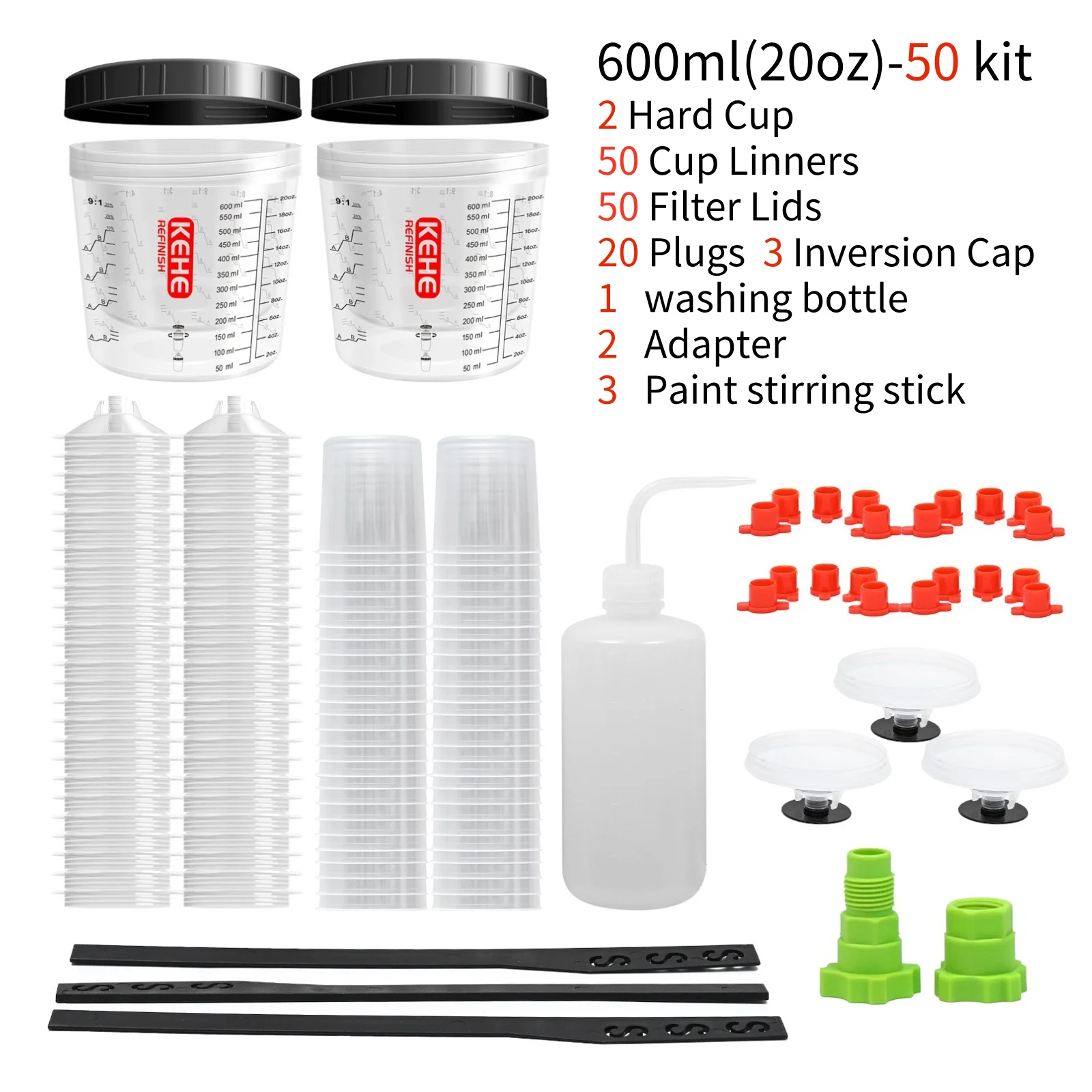 KEHE Disposable Spray Gun Paint Cup System, EPS Liner Cup Kit, 20oz (600ml) Kit, 50 Pack Cup Liners, 50 Lids, 2 Hard Cup, 2 Coll