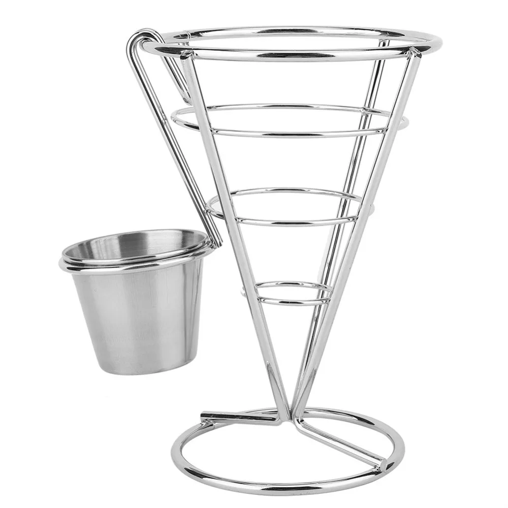 Practical Iron French Fry Cone Holder with Sauce Cup Convenient Fries Display Stand Sliver Study Fries Baskets Serving Snacks