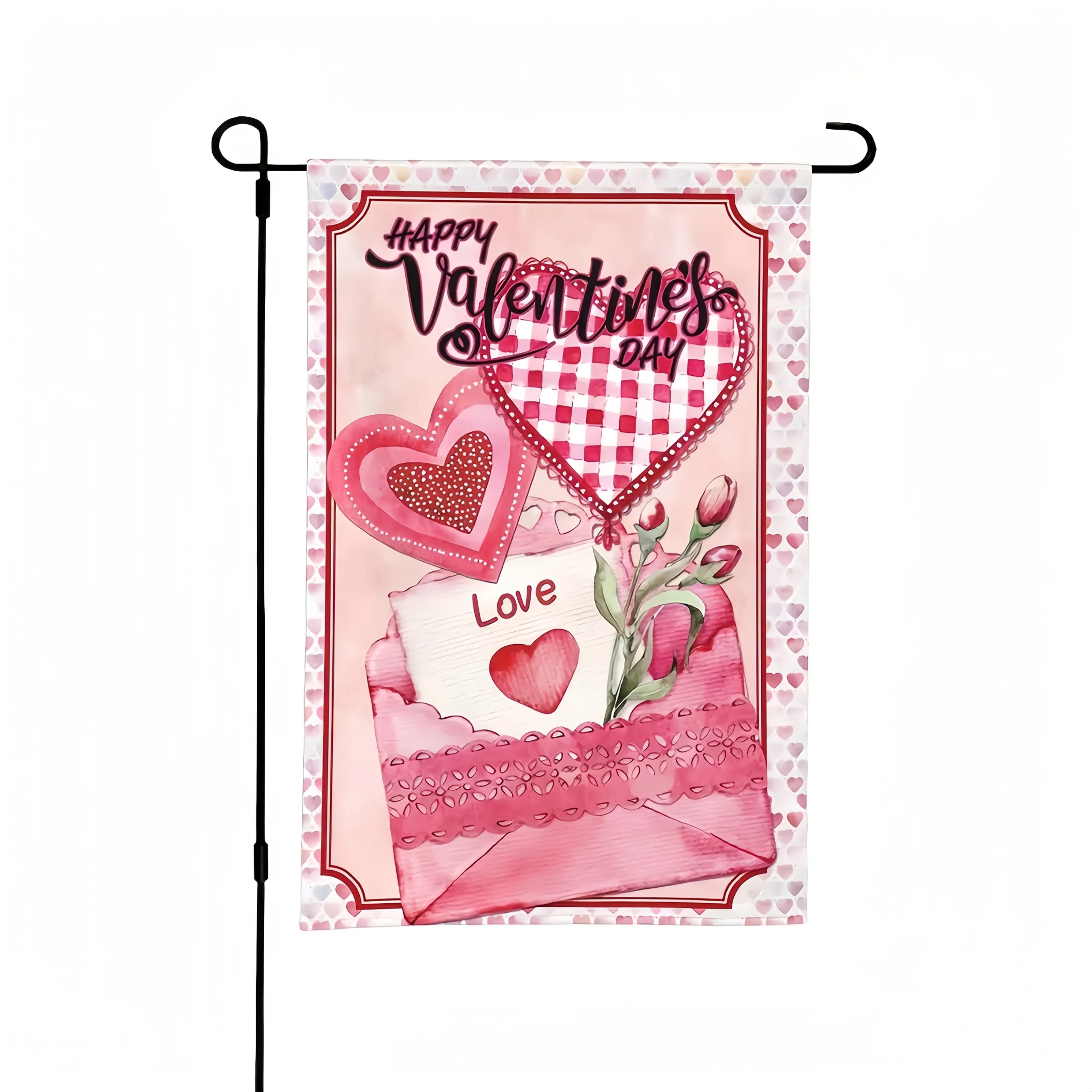 Valentine's Day Garden Flag - Dual-Sided 12x18 Inch, Polyester, Romantic Heart & Floral Envelope Design, Ideal for Outdoor