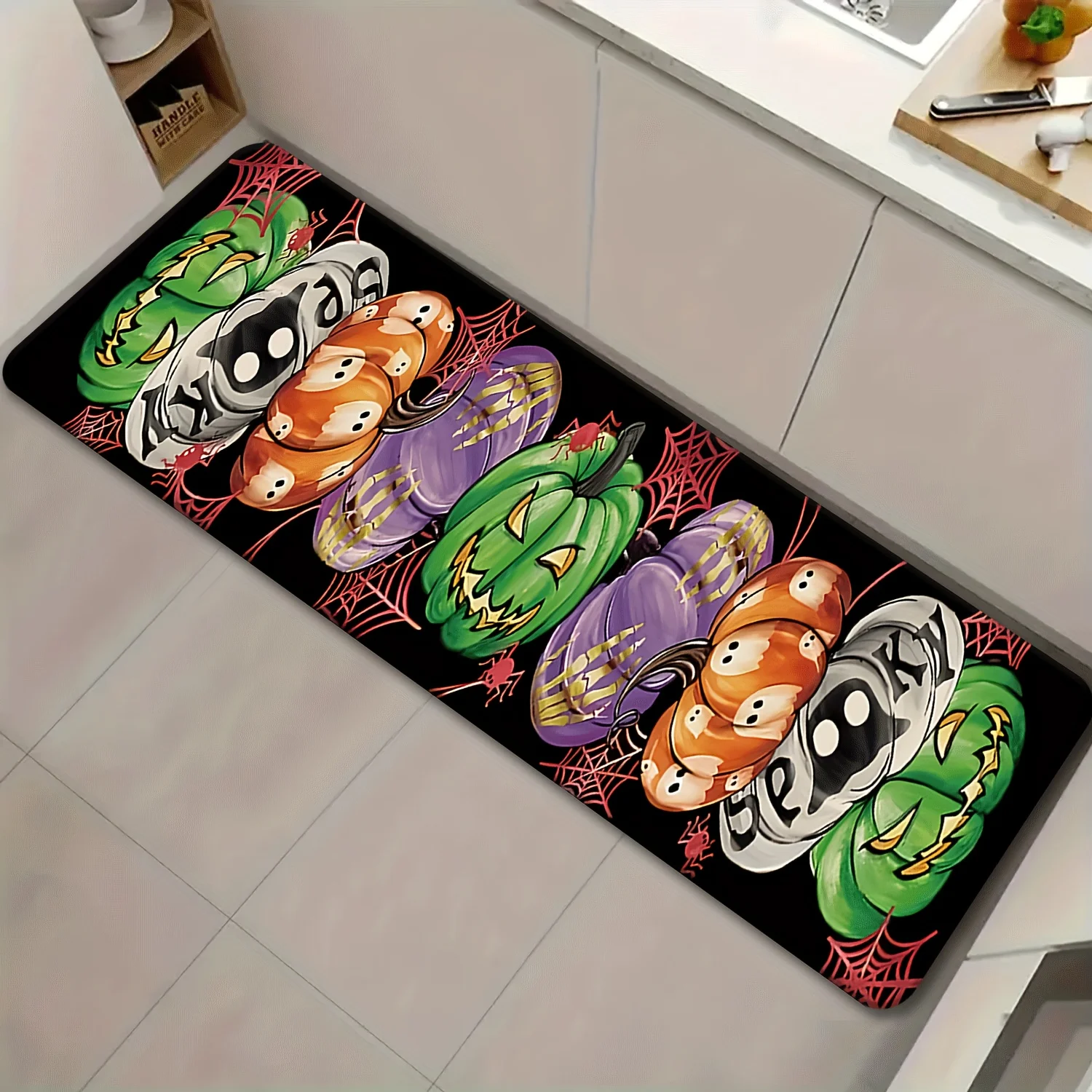 VIKAMA Halloween Long Kitchen Rug,Non‑Slip Floor Mat,Colorful Pumpkin Spider Web Carpet for Laundry Room Home Decor Rug