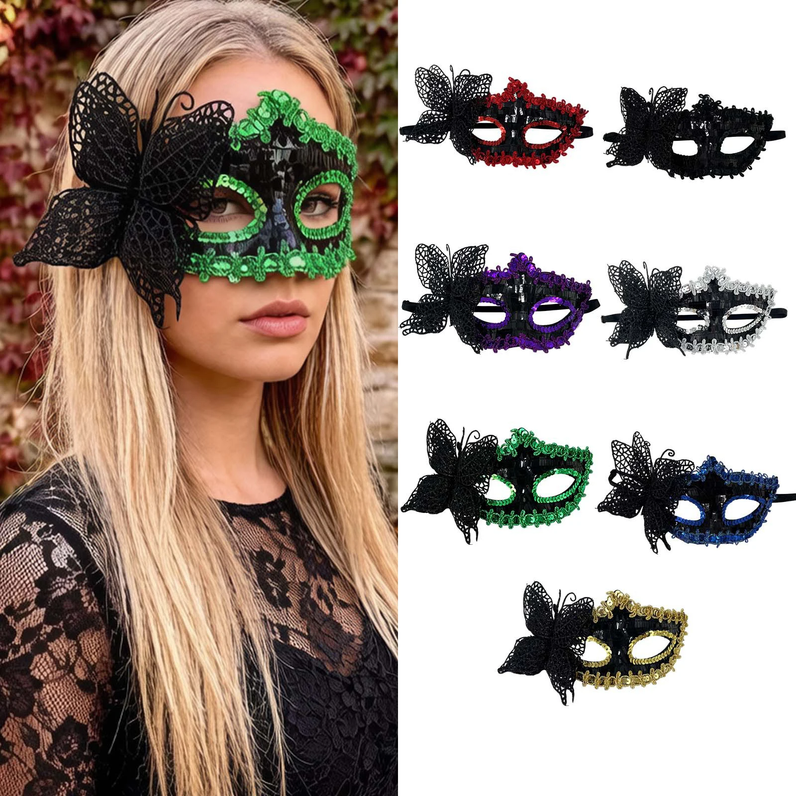  Halloween Ball Masks Side Butterfly Sequin-Trimmed Half Face Mask for Women's Masquerade Party Holiday Decorations