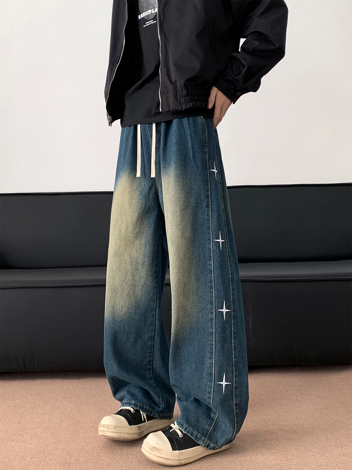 Plones vaqueros hoados de estilo japonés Retro para hombre, plones largos de pierna ancha con cordón versátiles inf...