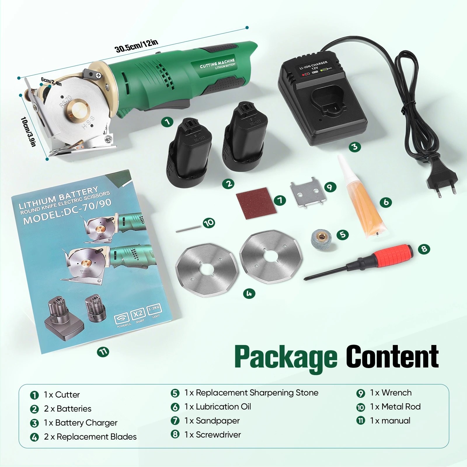 Tagliatrice elettrica rotativa senza fili per tessuti, 2000 giri/min, motore in rame puro da 240 W, capacità di taglio fino a 25 mm, sistema di autoaffilatura e lubrificazione, 2 batterie da 2000 mAh,