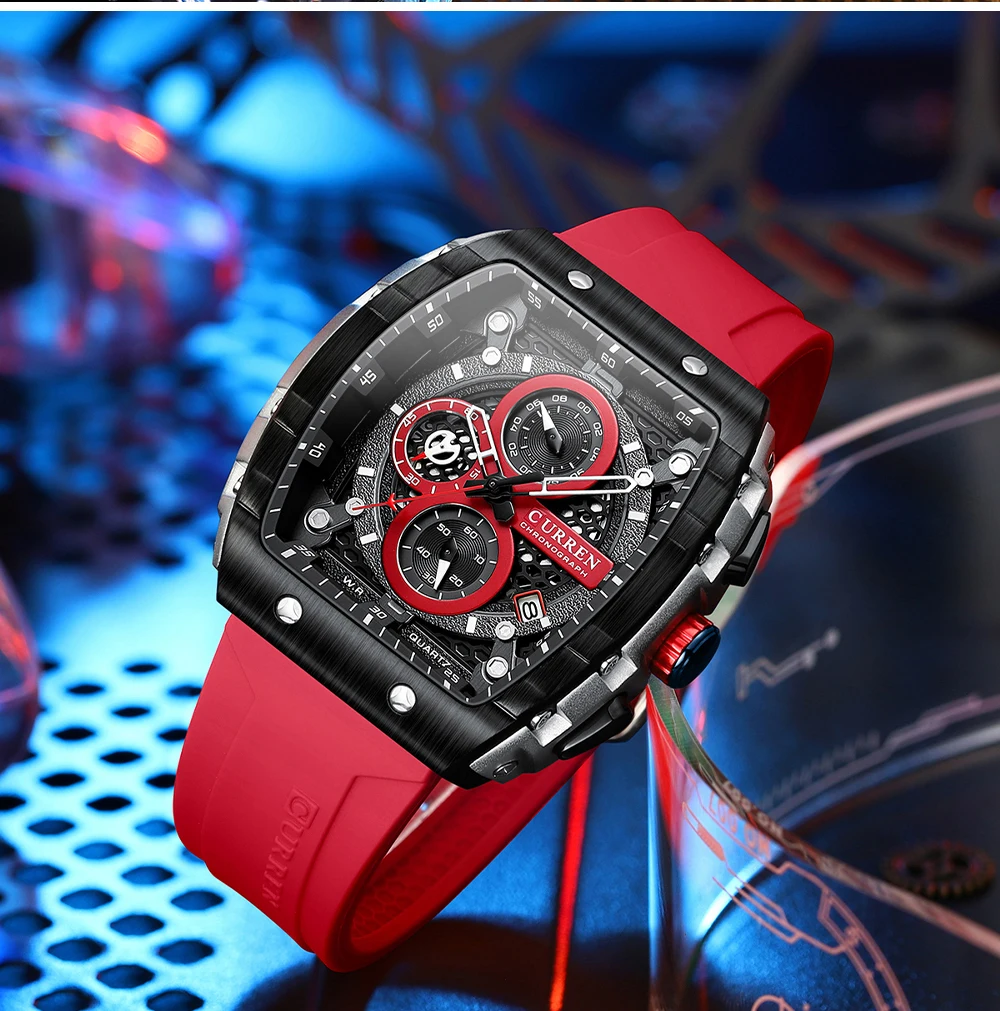 CURREN Fashion Sports Watches with Large Dial Unique RectangularHollow Design Quartz Wristwatches with Chrongraph Auto Date 8442