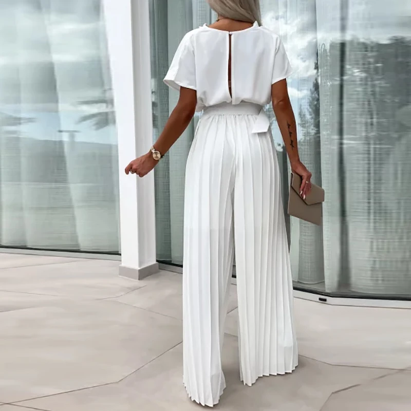 Fashion Temperament Solid Color Jumpsuits New Short Sleeve High Waist Belt Romper Elegant Commute Pleated Wide Leg Long Jumpsuit