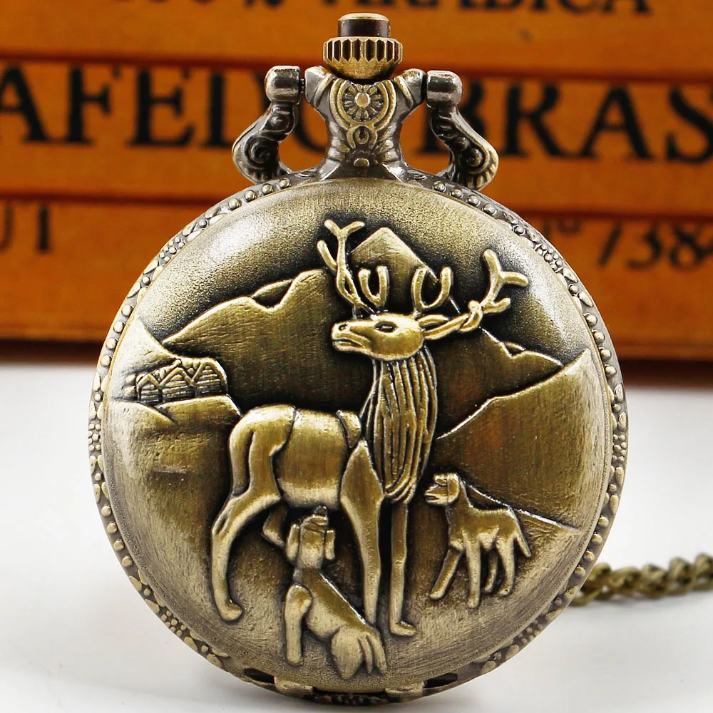 

Exquisite Bronze Elk Design Quartz Pocket Watch Necklace Mens Women Vintage Fob Chain Pocket Clock Gifts Dropshipping