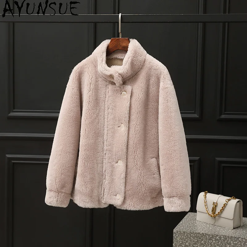 

AYUNSUE 100% Wool Coat Women Stand Collar Sheep Shearling Jacket Autumn Winter Clothes Woman 2025 Пальто Женское New in Coats