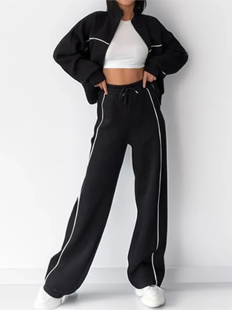 

Woman's Casual Suit Fashion Solid Color Half-high Collar Sweatshirt Lace-up Pants Two-piece Set Lady Autumn Winter Streetwear