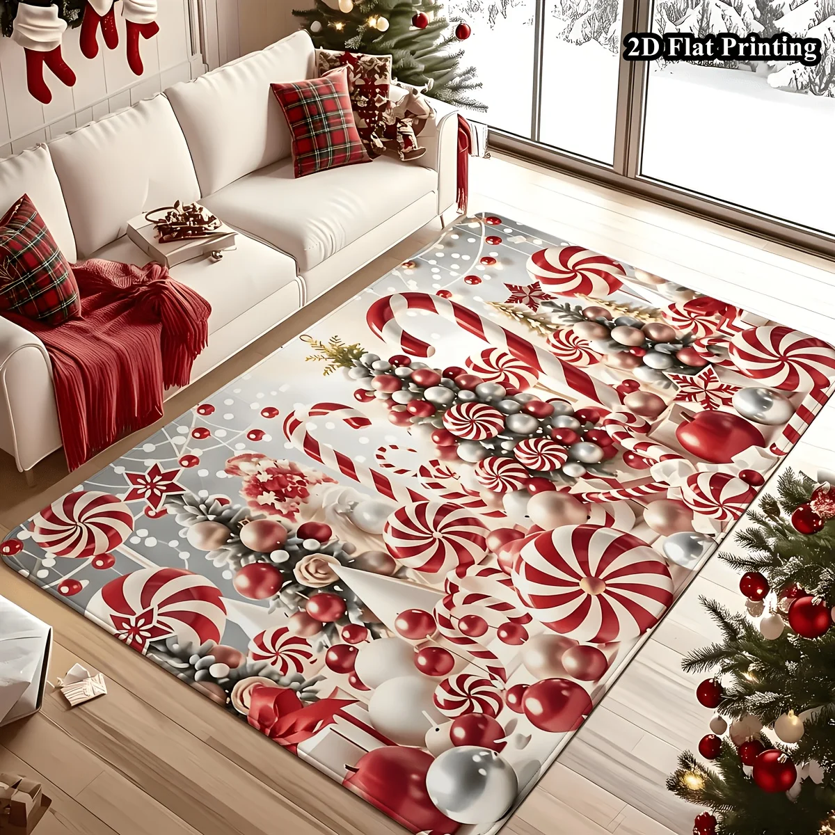 Christmas Candy Cane Area Rug, Red White Peppermint Xmas Decor Floor Mat, Festive Holiday Carpet for Living Room Bedroom Entryway Home Christmas Decoration