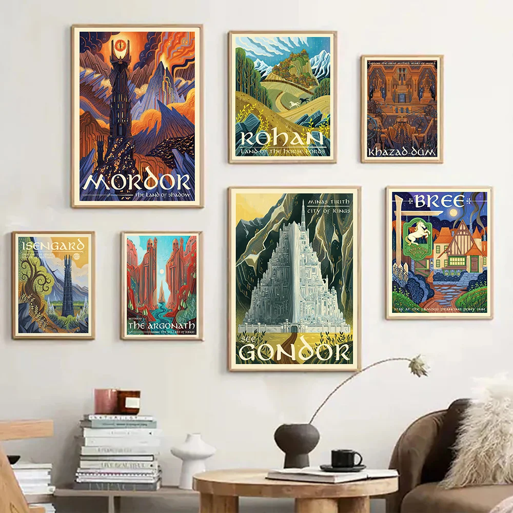 Fantasy-Land-Reiseposter – Illustrierter Kunstdruck einer legendären Stadt oder Region – Abenteuer-inspirierte Wandkunst für das Wohnzimmer