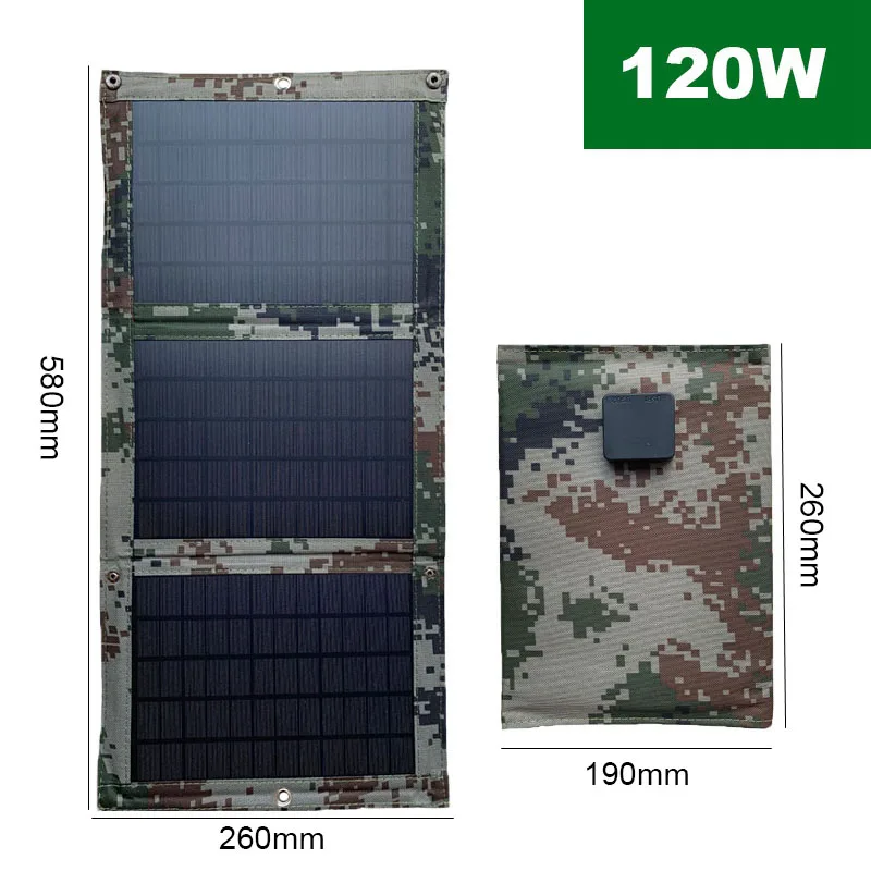 120W Foldable Solar Panel Dual USB Outdoor Waterproof Solar Charger Mobile Phone Power Bank for Camping Hiking with 3 in 1 Cable