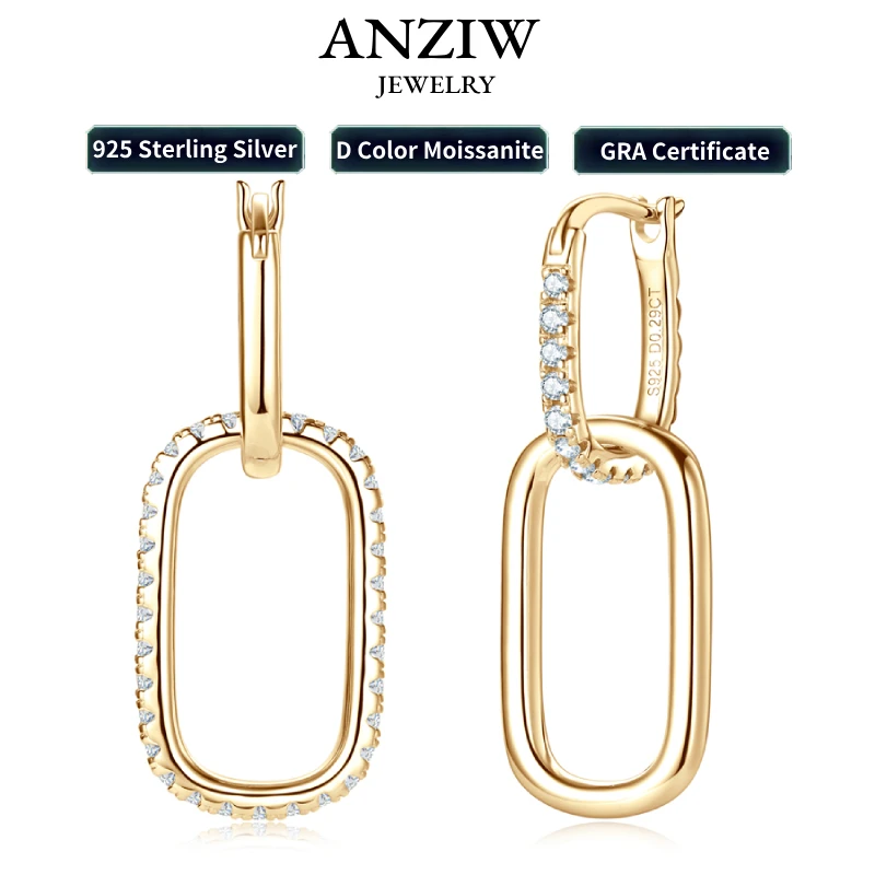 

Anziw Convertible Paperclip Link Hoop Earring 925 Sterling Silver Round Moissanite Earrings Jewelry for Women Gift Wedding Party