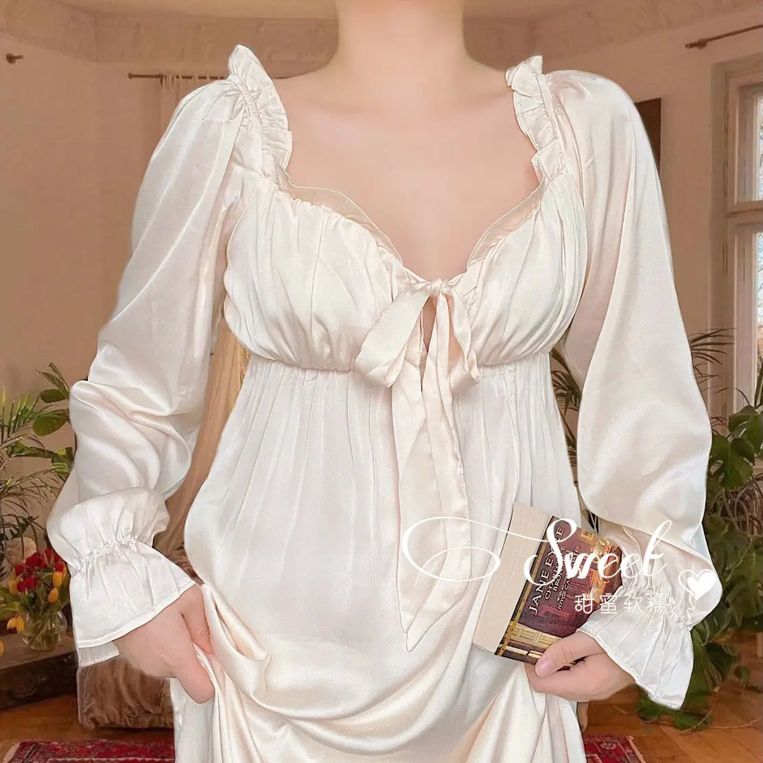 Women's Elegant Nightgown French Style Ladies Summer Long Sleeve Night Dress Bow Sexy Homewear Nightdress For Female S-2XL