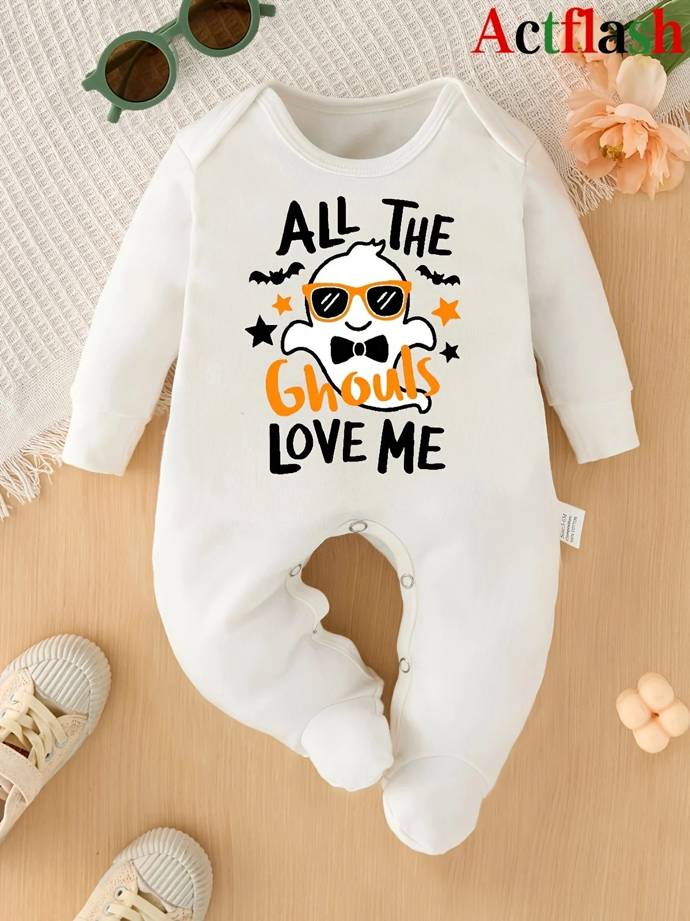 Cute Ghost Print Baby Footed Romper All The Ghouls Love Me Long Sleeve Onesie Newborn Halloween Party Photo Prop Outfit