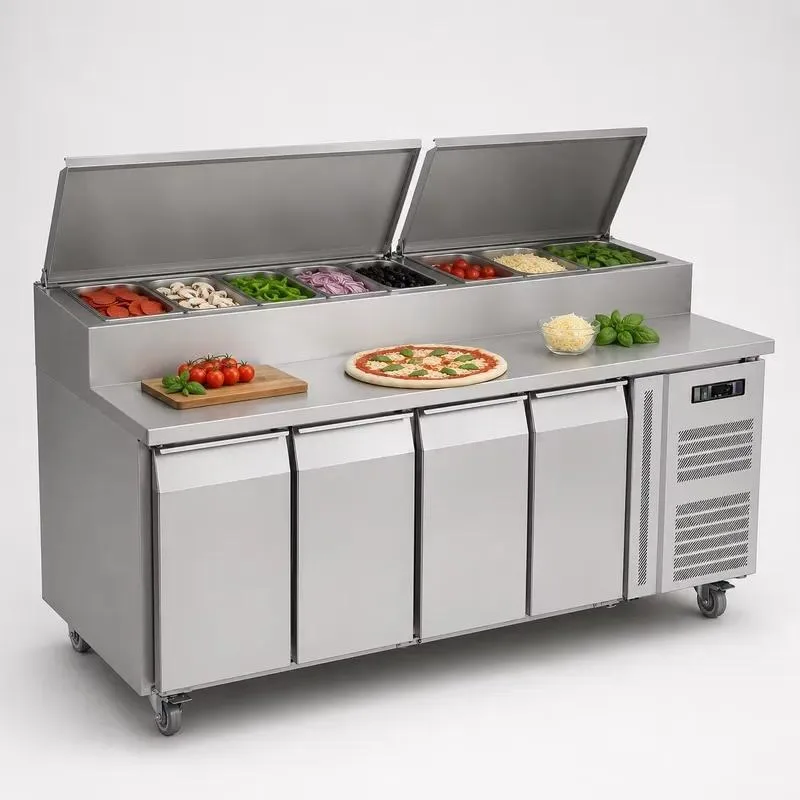 for High-efficiency commercial stainless steel refrigerator cooling workbench 4-door restaurant pizza preparation table