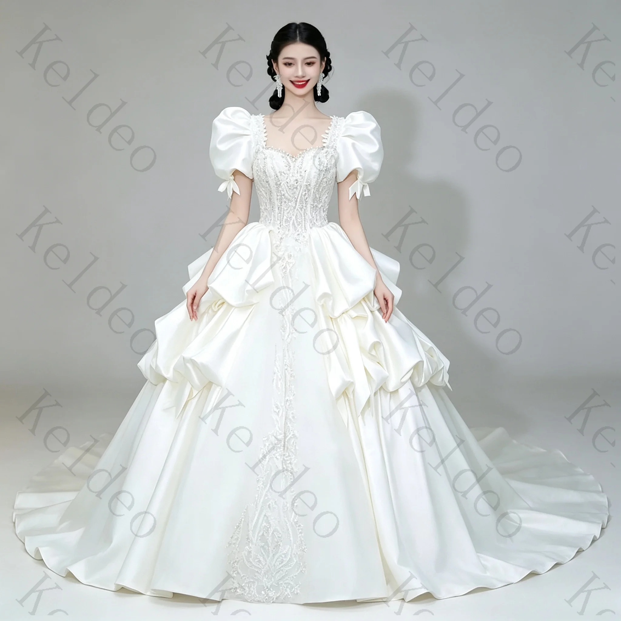 Customized Sexy Square Neck A-line Puff Sleeves Wedding Dresses Off‑The‑Shoulder Pearls Ruffles Tiered Floor Length Bridal Gowns