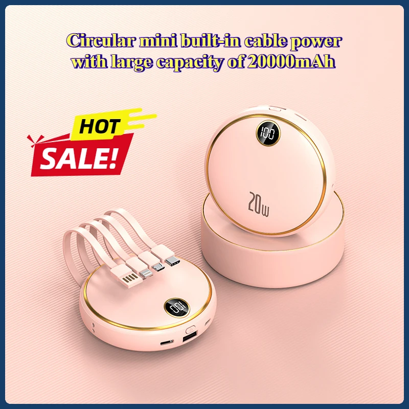 20000mAh Circular Mini Built-in Cable Power Bank with Large Capacity of 20000mAh Portable and Compact Mobile Power Supply