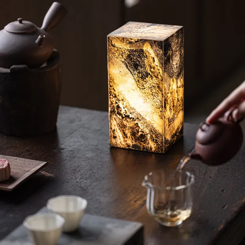 Natural Shale Stone Table Lamp Chinese Zen Style Tea Room Decor Candlestick Holder Hotel B&B Atmosphere Light Ornament for
