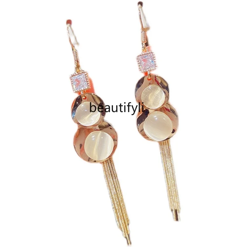 Gourd earrings, long tassel round face, thin, high-end earrings, no ear clips, women