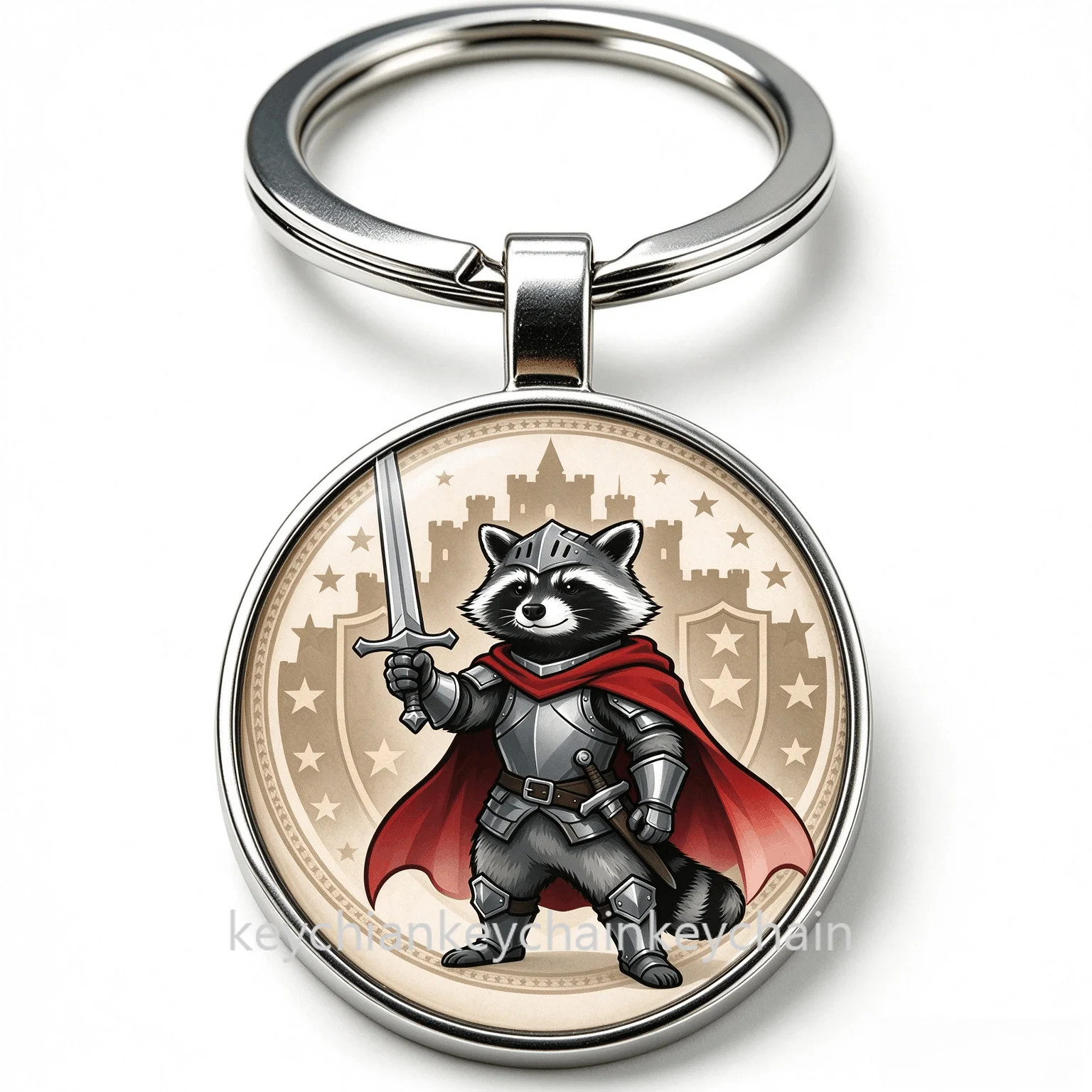 Castle Background Knight Raccoon Warrior Keychain Key Ring Animal Bag Charm Car Key Holder Gift for Men Women