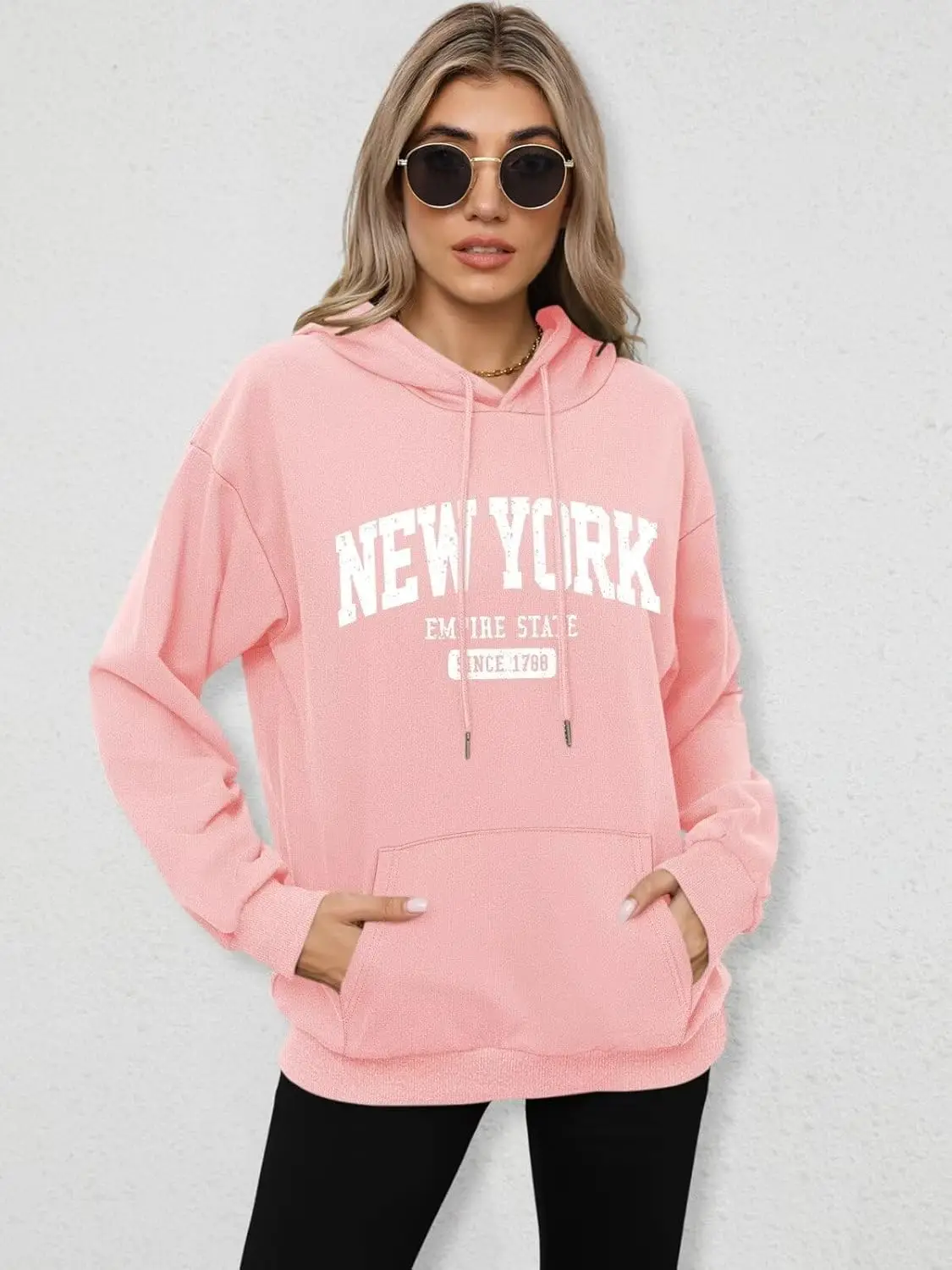 New York Letter Graphic Print Hoodies for Men Women Pink Long Sleeve Retro Drawstring Fall Pullover Sweatshirt Tops Simple