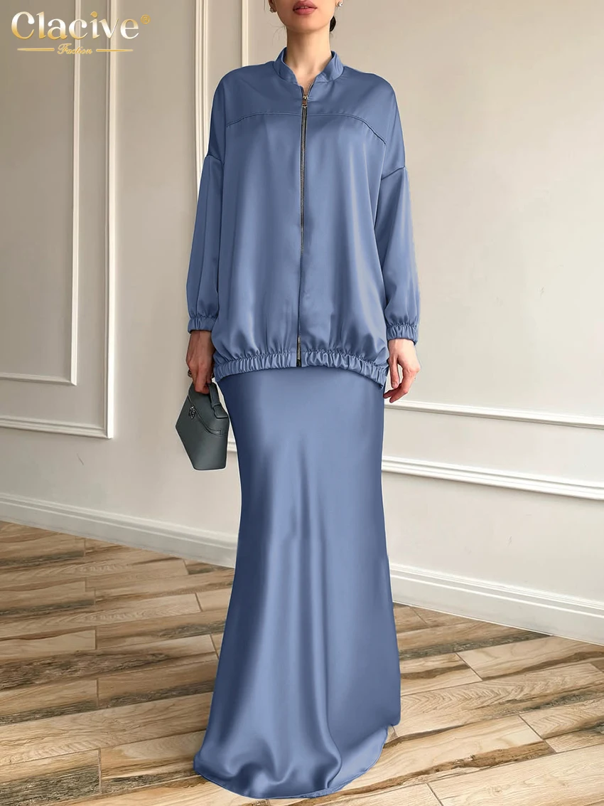 

Clacive Fashion Loose Blue Satin 2 Pieces Set For Woman 2025 Elegant Long Sleeve Shirt With High Waist Maxi Skirt Set Female